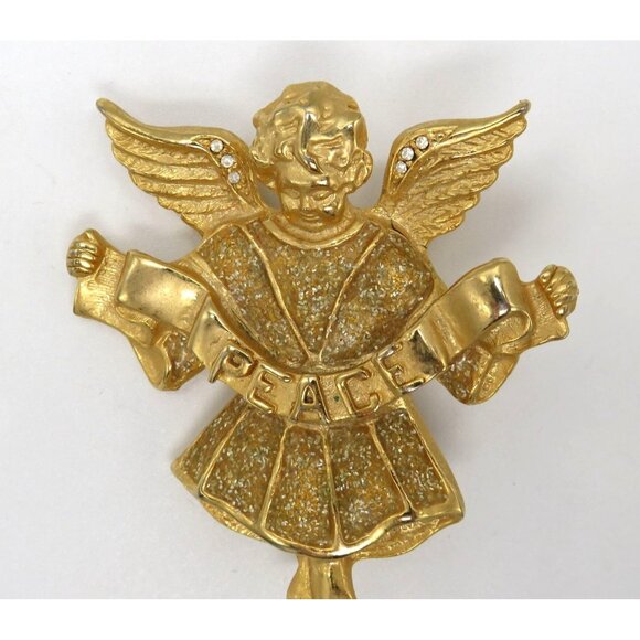 Angel Brooch Gold Tone Clear Rhinestones 2" Pin Peace Banner Glitter Enamel - Picture 7 of 14